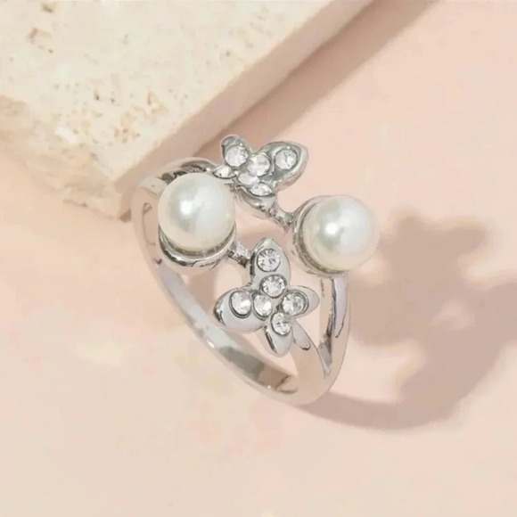 2 LEFT! Silver Faux Pearl Butterfly Ring - Picture 2 of 4